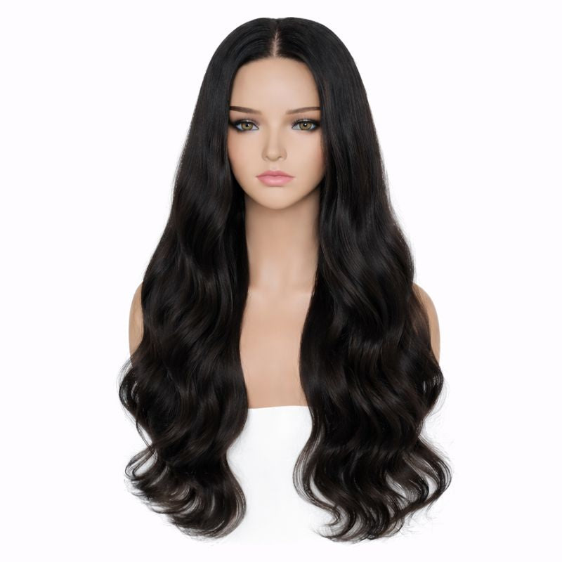 Mannequin head with long black wavy hair on a white background