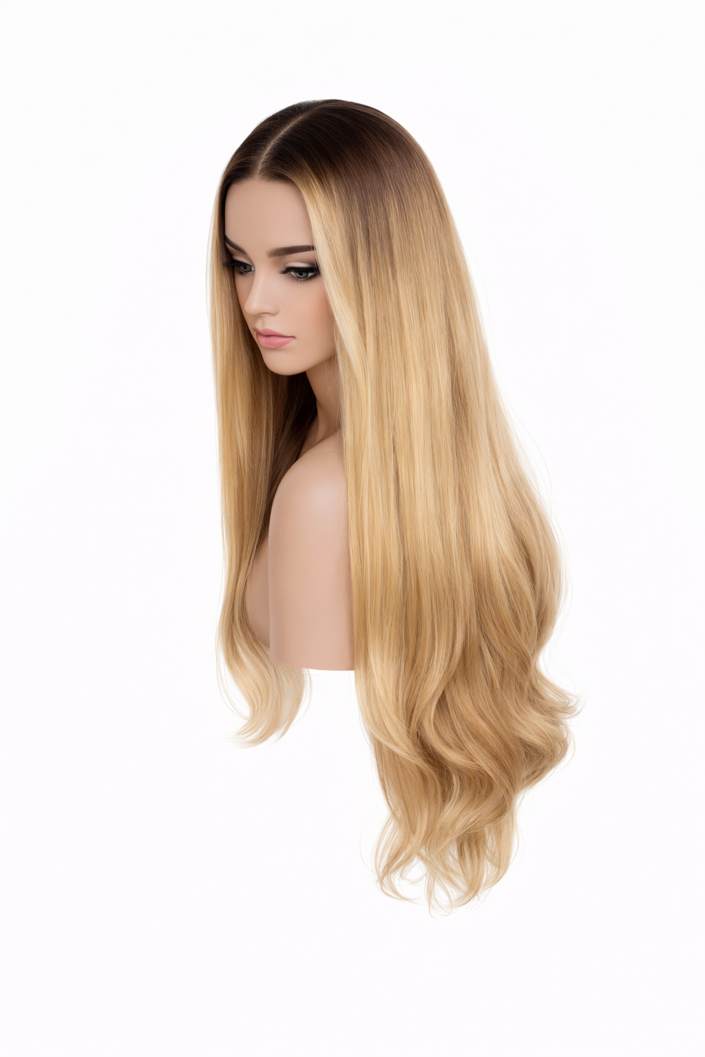 Mannequin head with long blonde wig on a white background