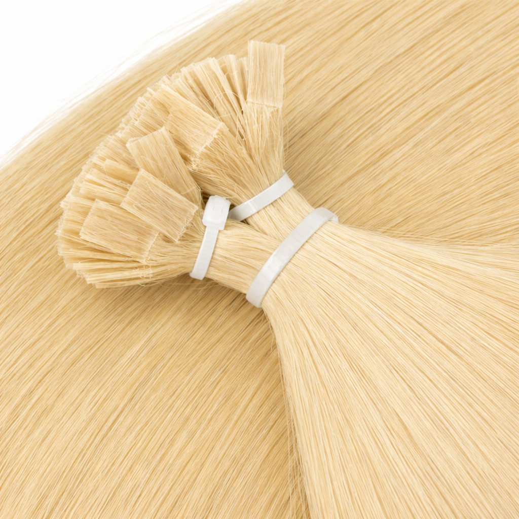 Blonde hair extensions tied together with white bands on a light brown background