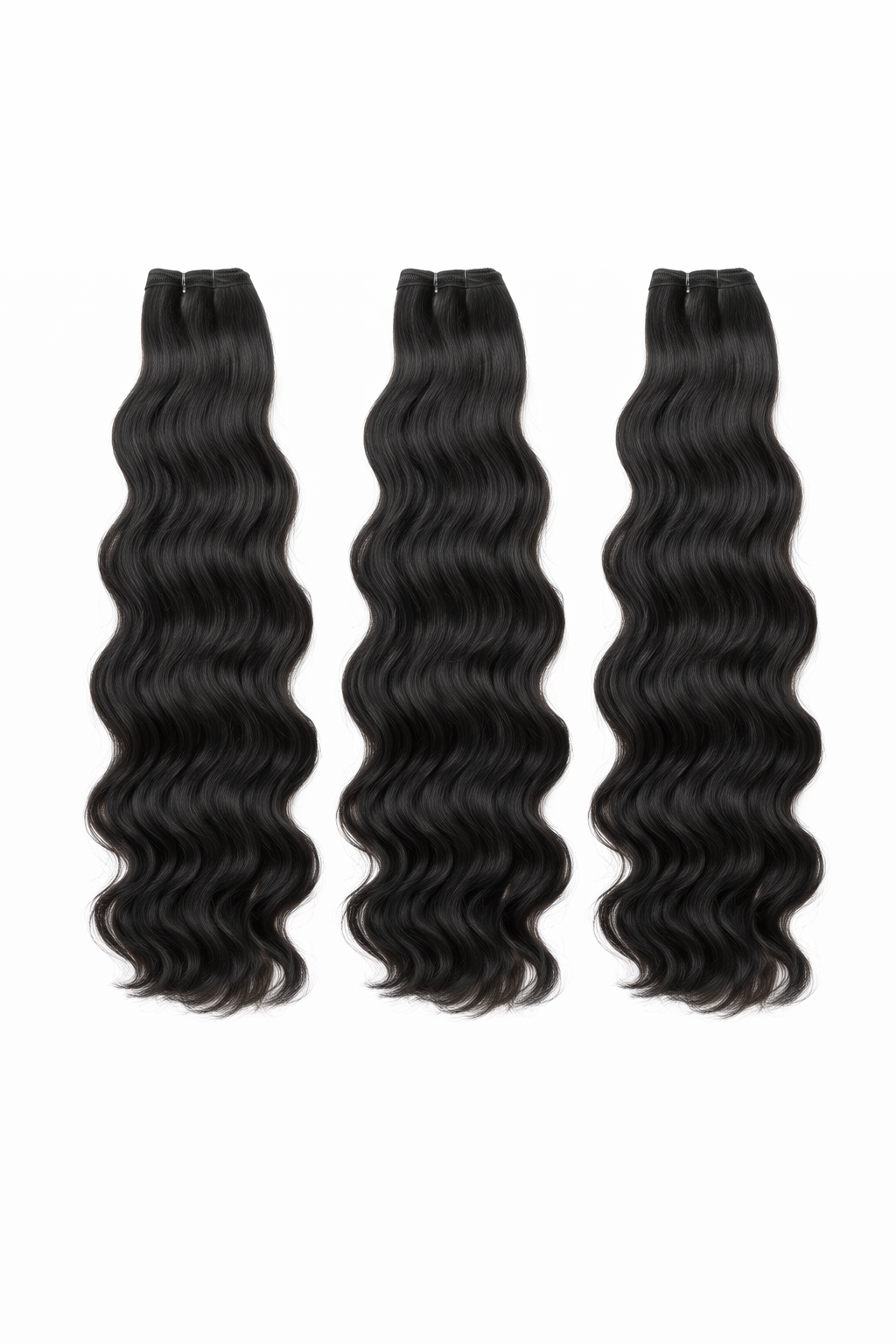 Three bundles of black wavy hair extensions on a white background