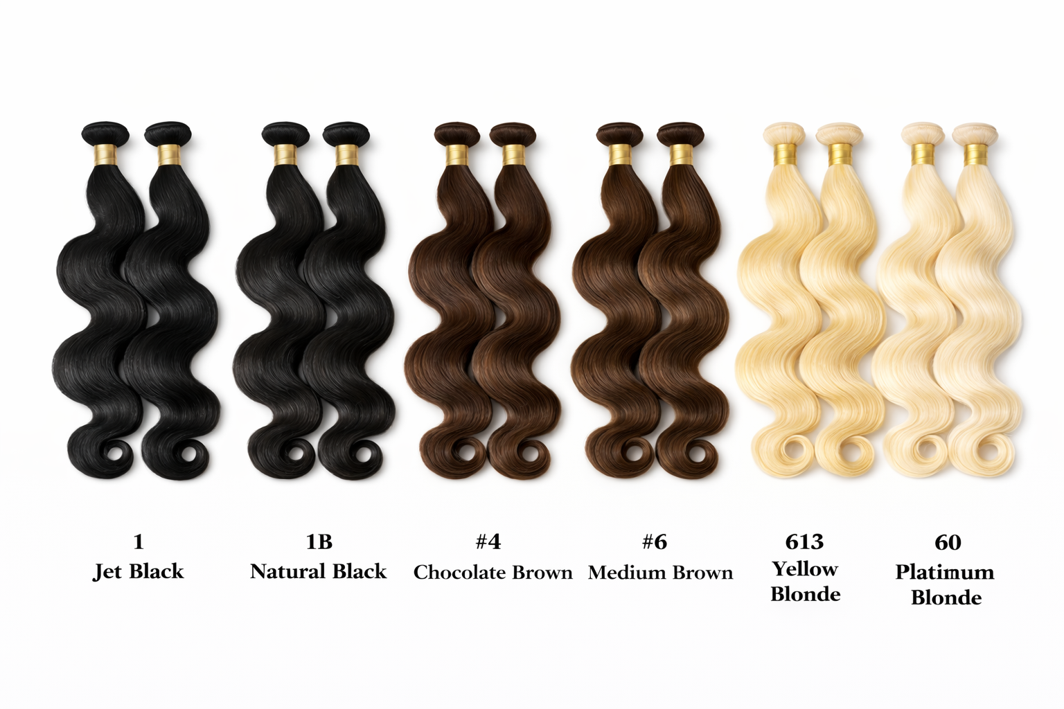 Hair color swatches from Jet Black to Platinum Blonde with corresponding numbers and names.