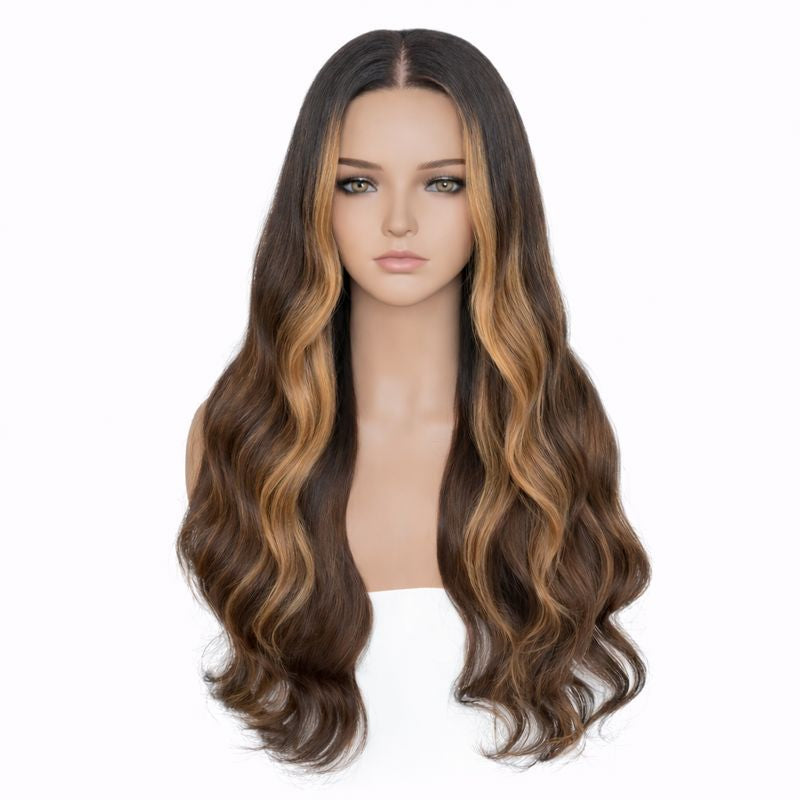 Brown and blonde ombre wig on a mannequin head against a white background