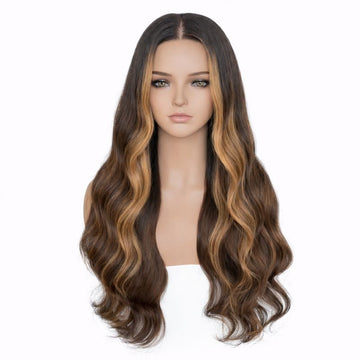 Brown and blonde ombre wig on a mannequin head against a white background