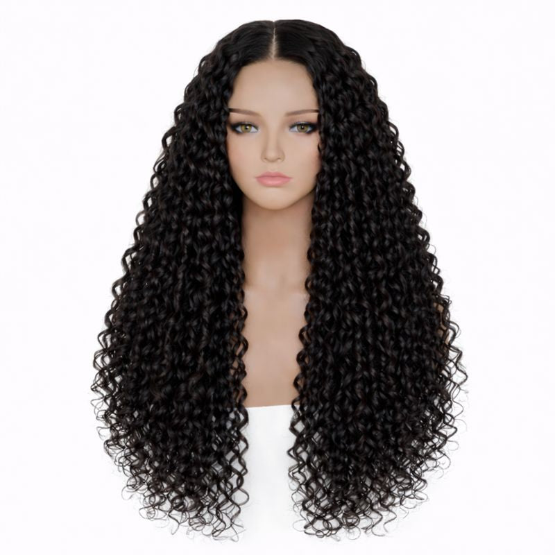 Mannequin head with long, black, wavy wig on a white background