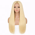 Blonde wig on a mannequin head against a white background
