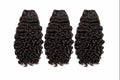 Three bundles of curly hair extensions on a white background