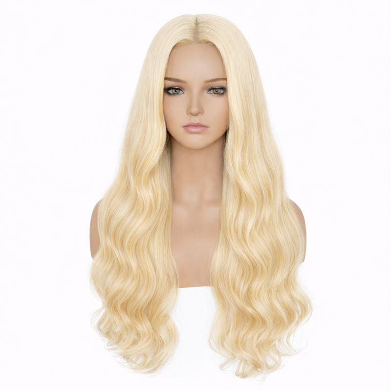 Blonde wig on a mannequin head against a white background