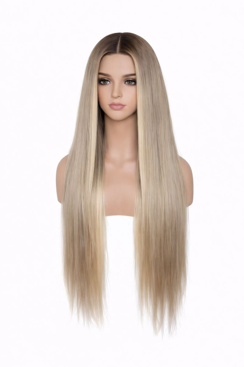 Mannequin head with long blonde wig on a white background